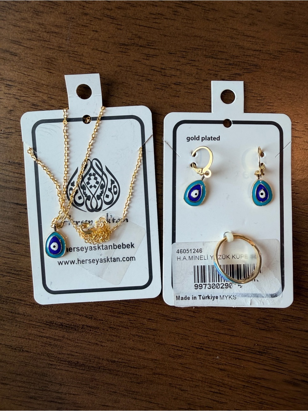 Turkish Gold-Plated Blue Evil Eye Necklace, Ring and Earrings Set